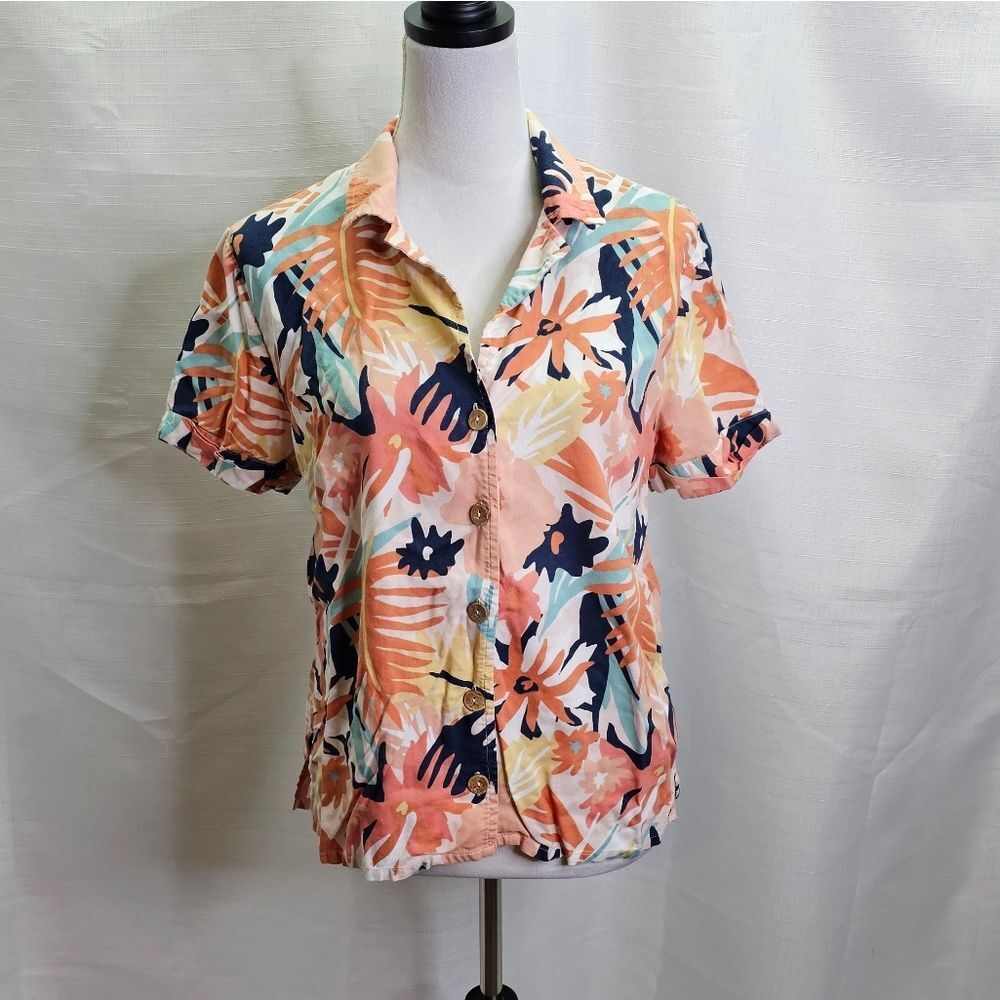 Roxy Women's Short Sleeve Button-Down Shirt in Coral, Navy & Mint Tropical Print